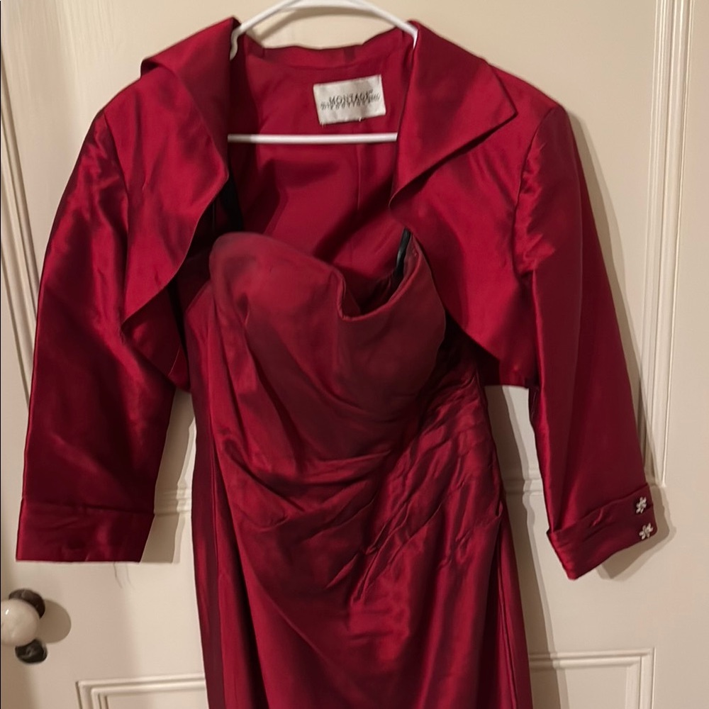 Montage boutique formal silk strapless gown with matching jacket. Sz 12.